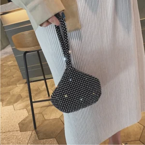 Black Shining Rhinestones Zipper Bucket Handbags Wristlet Evening Bags