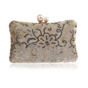 Apricot Velvet Vintage Sequined Flowers Clutch Bags