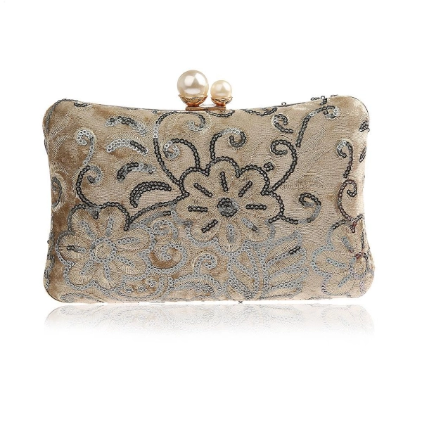 Apricot Velvet Vintage Sequined Flowers Clutch Bags