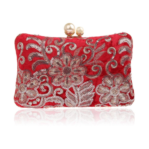Apricot Velvet Vintage Sequined Flowers Clutch Bags - Image 3
