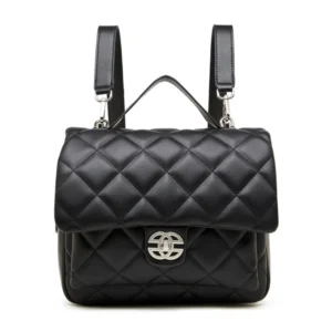 Black Leather Quilted Flap Backpacks for Women