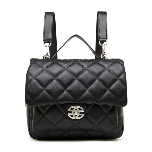 Black Leather Quilted Flap Backpacks for Women