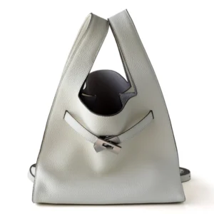 White Litchi Grain Leather Bucket Handbags with Belt Lock Large Size