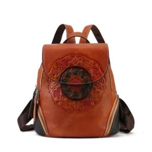 Brown Genuine Leather Vintage Embossed School Backpacks Travel Bags