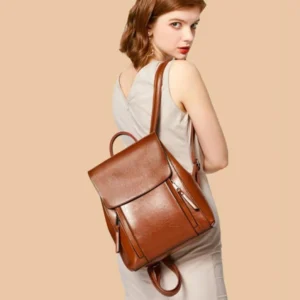 Brown Retro Leather Flap Zipper Everyday Backpack