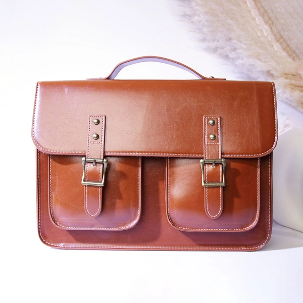 Women's Apricot Genuine Leather Litchi Grain Satchel Bag Large Handbags - Image 4