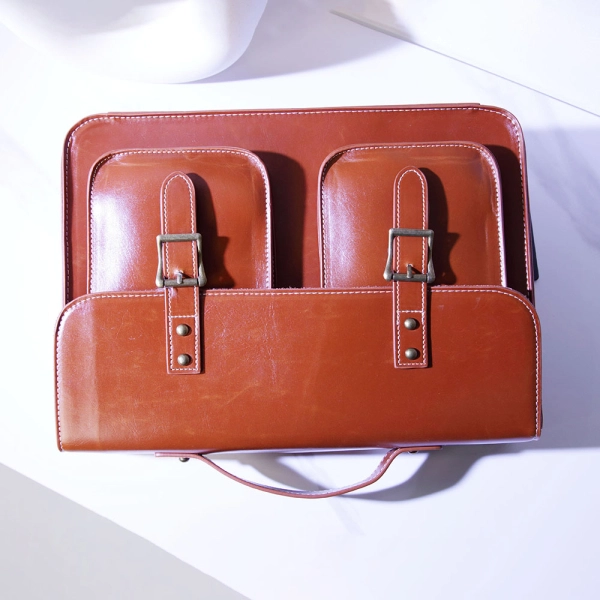 Women's Apricot Genuine Leather Litchi Grain Satchel Bag Large Handbags - Image 5