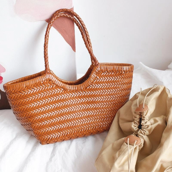 Coffee Summer Woven Leather Purse Tote Bags - Image 3