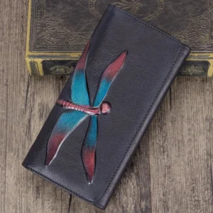 Dark Grey Dragonflies Handmade Cow Leather Long Wallet