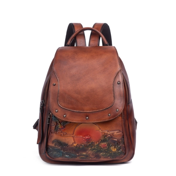 Brown Genuine Leather Embossed Backpacks Vintage Woman's Flap Backpack