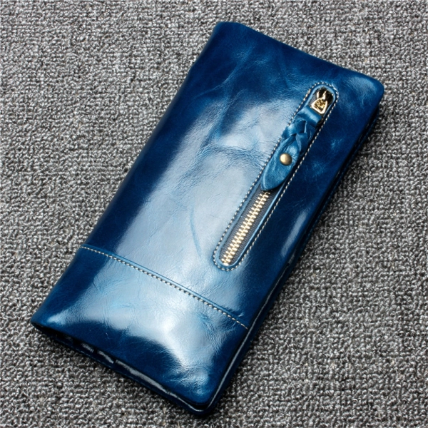Brown Genuine Leather Retro Long Wallet Big Women's Wallets With Zip - Image 2