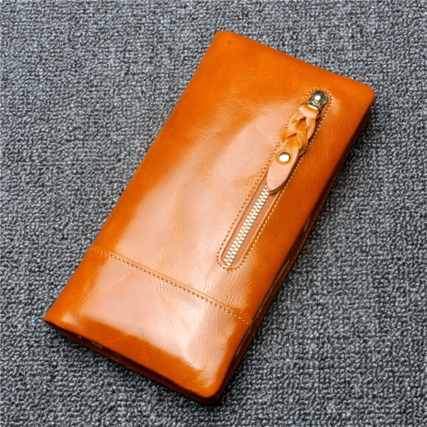 Brown Genuine Leather Retro Long Wallet Big Women's Wallets With Zip