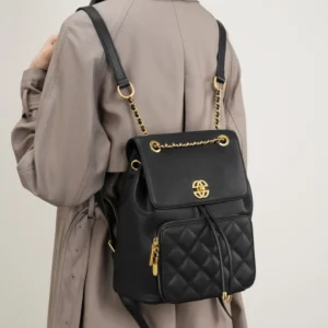 Black Leather Quilted Backpacks Twist Lock Chain Backpack Handbags