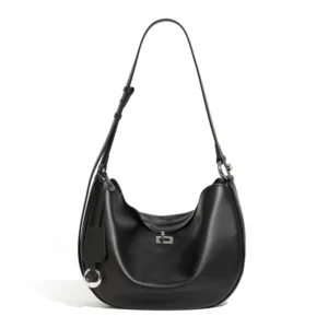 Black Leather Twist Buckle Shoulder Bags Crescent Crossbody Bag