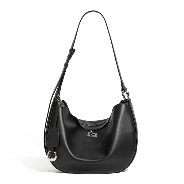 Black Leather Twist Buckle Shoulder Bags Crescent Crossbody Bag