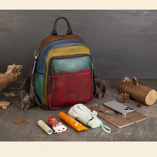 Multicolor Leather Vintage Backpacks Patchwork Travel Backpack - Image 3