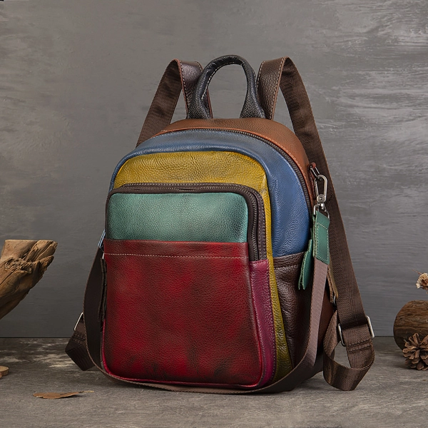 Multicolor Leather Vintage Backpacks Patchwork Travel Backpack - Image 2