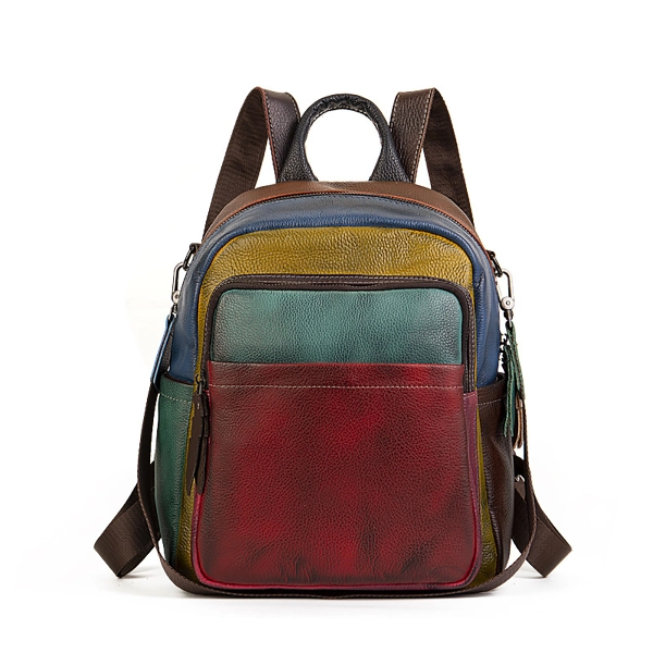 Multicolor Leather Vintage Backpacks Patchwork Travel Backpack
