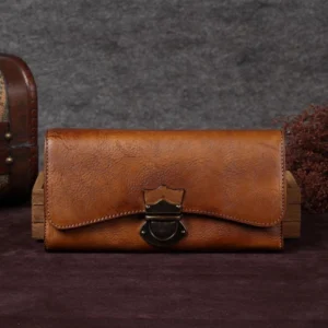 Brown Retro Buckle Cow Leather Long Wallet for Women