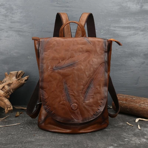 Wine Leather Feather Embossed Travel Vintage Backpack Purse For Women - Image 3