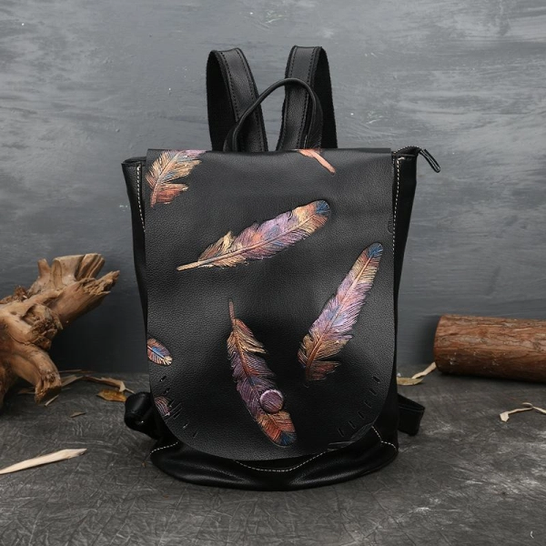 Wine Leather Feather Embossed Travel Vintage Backpack Purse For Women - Image 2