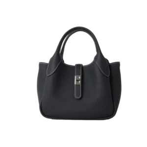 Women's Black Leather Litchi Grain Bucket Handbags with Buckle
