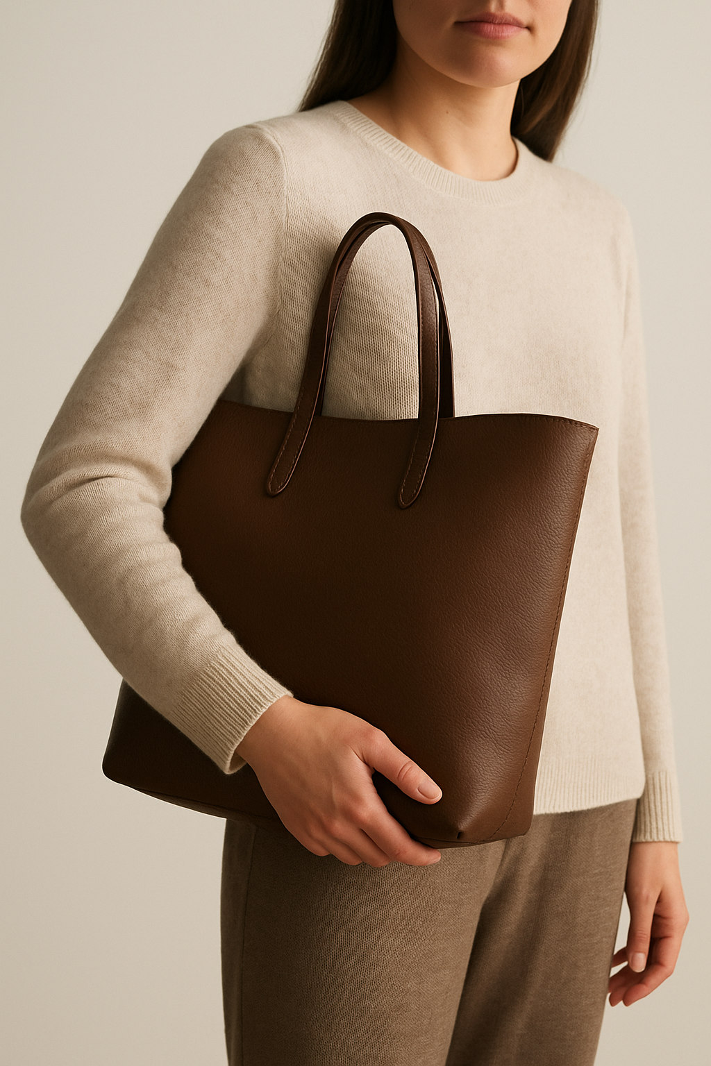 Model holding a coffee brown leather tote in warm studio